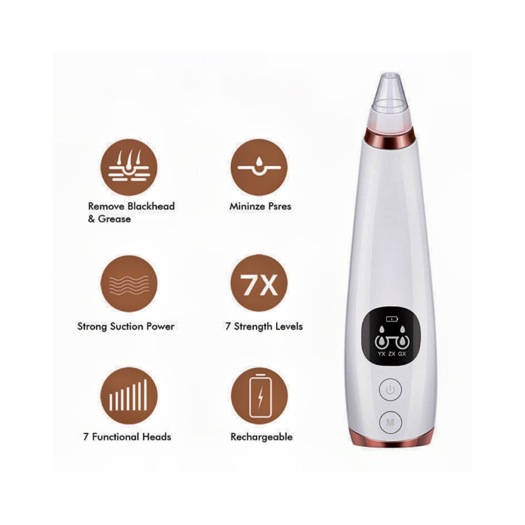 Electric blackhead removal device with 7 suction levels, 7 attachments and rechargeable battery for deep pore cleansing and skin care.