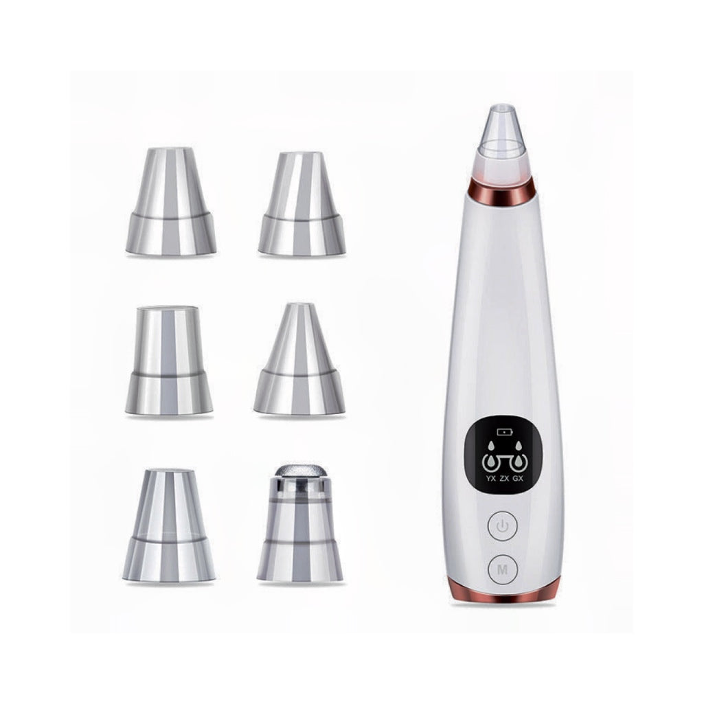 Electric blackhead removal device with 7 suction levels, 7 attachments and rechargeable battery for deep pore cleansing and skin care.